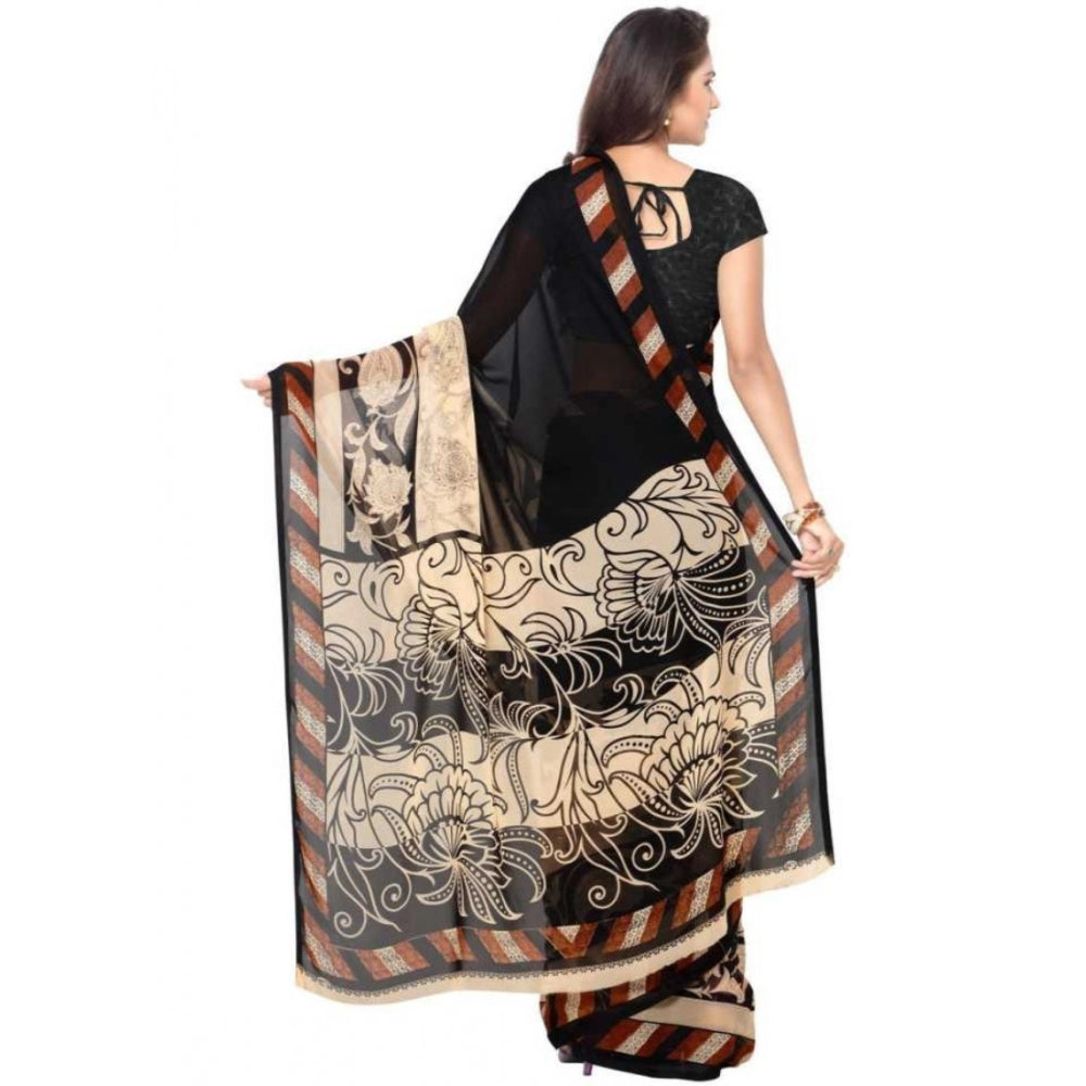 Printed Faux Georgette Black Color Saree