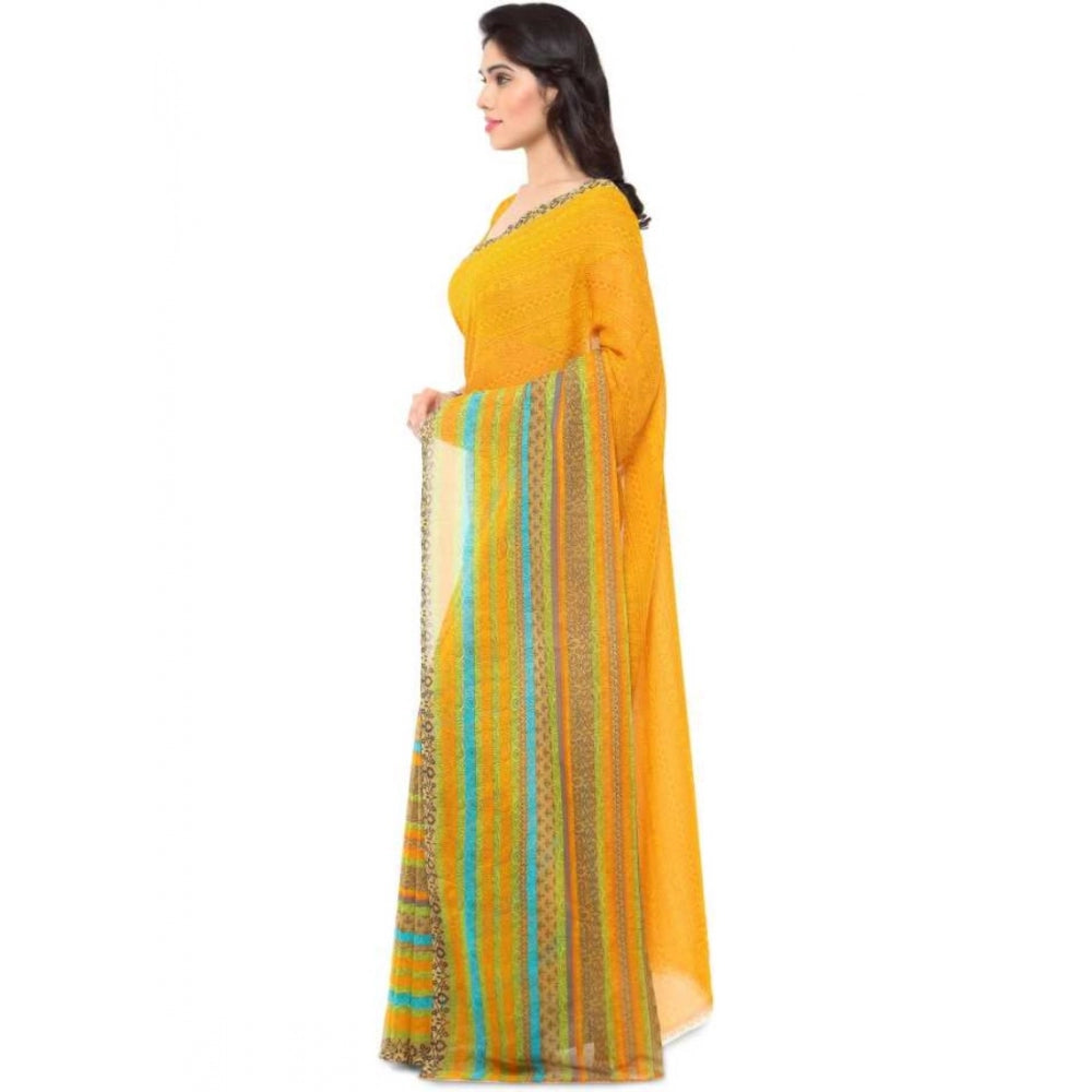 Printed Faux Georgette Yellow Color Saree