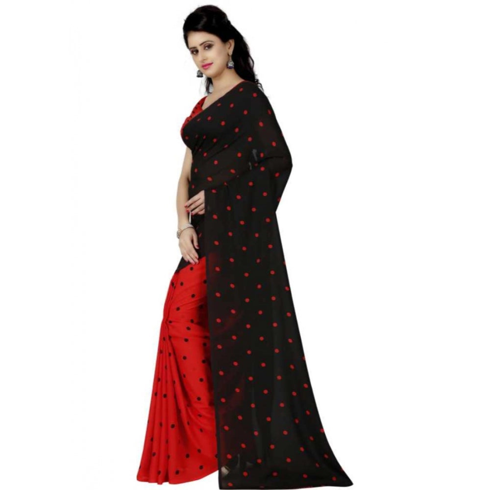 Printed Faux Georgette Red black Color Saree