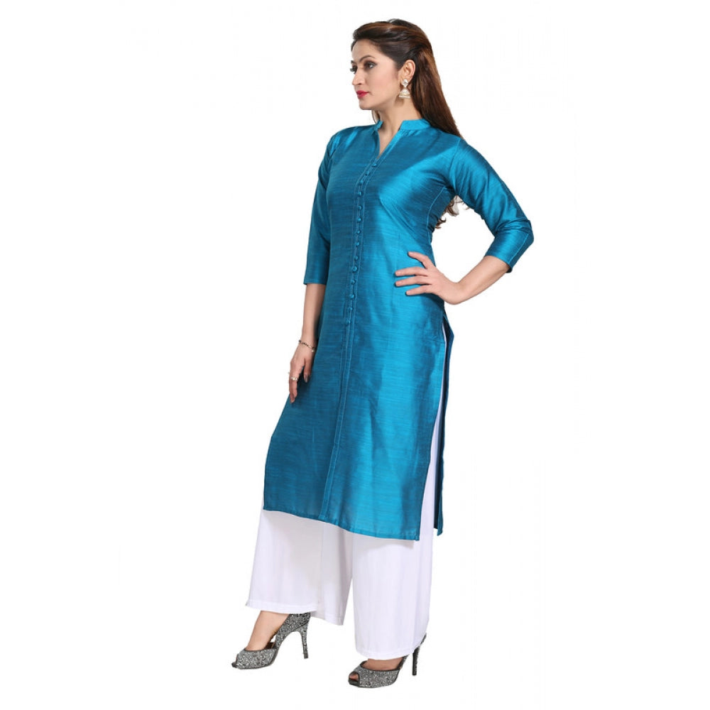 Silk Self Pattern Straight Kurti-Blue