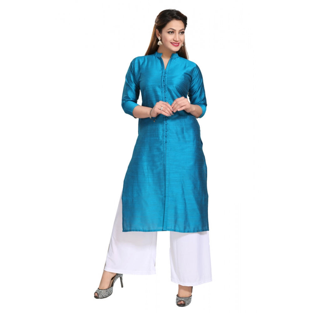 Silk Self Pattern Straight Kurti-Blue