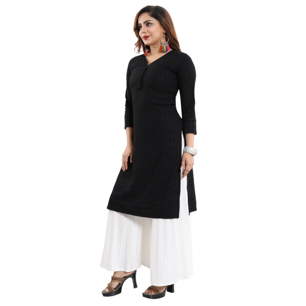 Rayon Embroidered Straight Kurti-Black