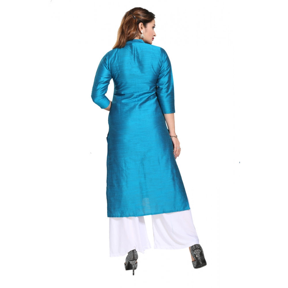 Silk Self Pattern Straight Kurti-Blue