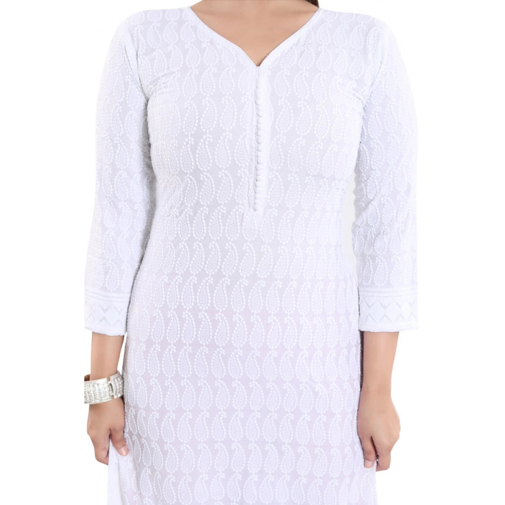 Rayon Embroidered Straight Kurti-White