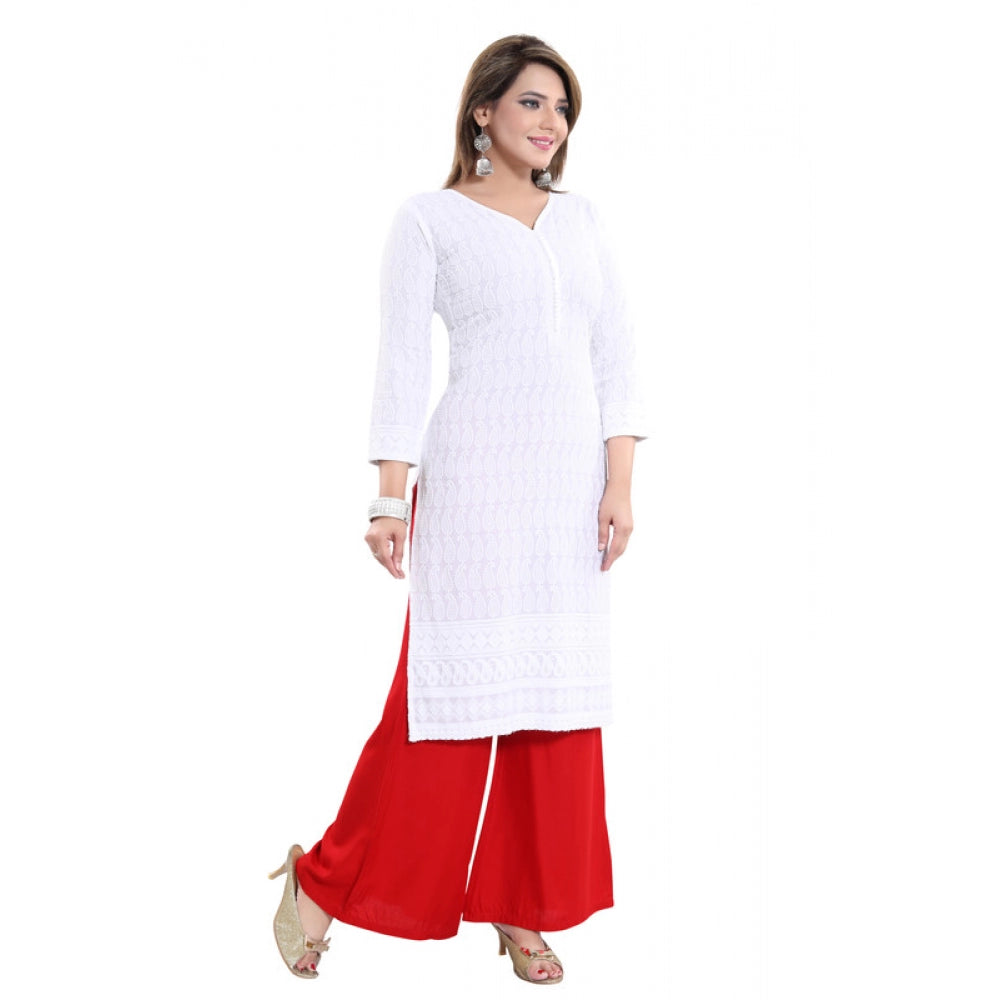 Rayon Embroidered Straight Kurti-White