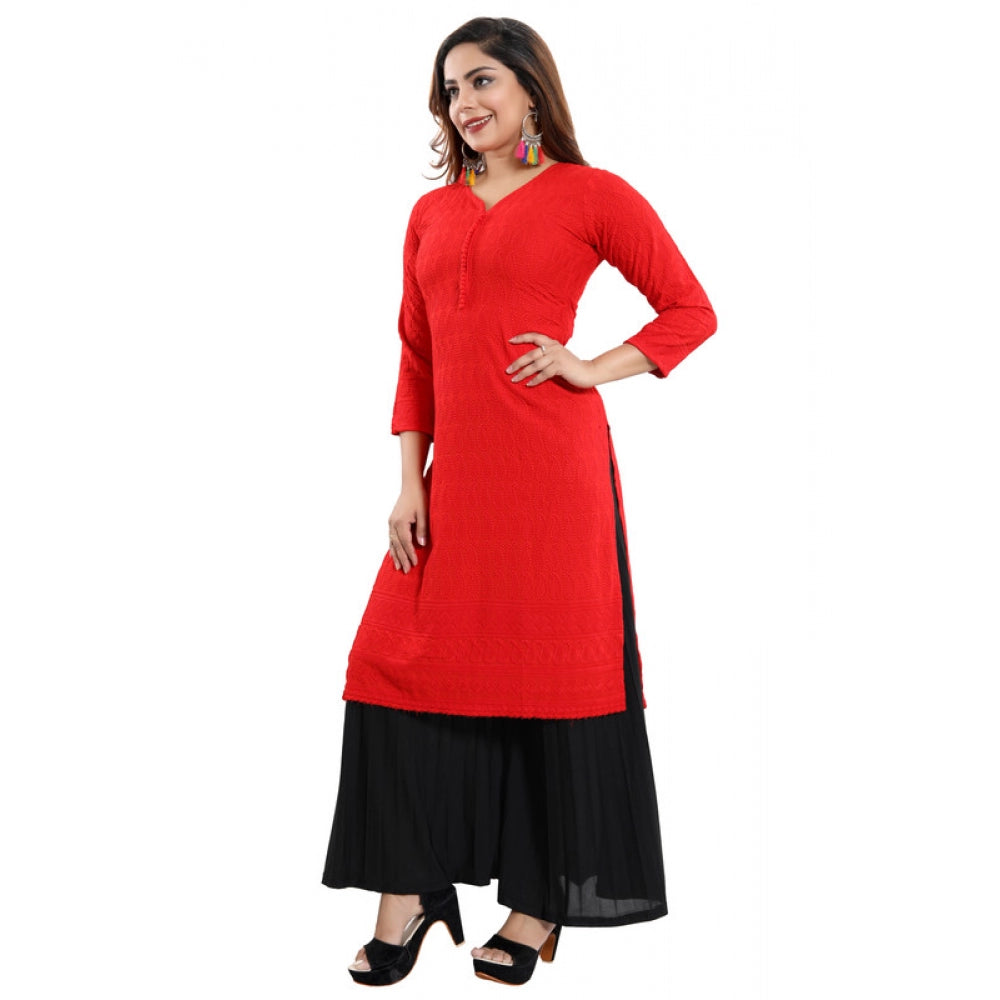 Rayon Embroidered Straight Kurti-Red