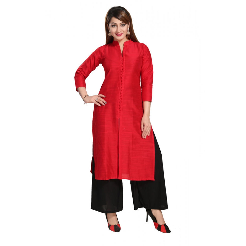 Silk Self Pattern Straight Kurti-Red