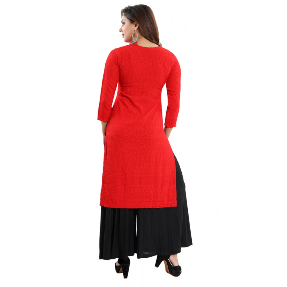 Rayon Embroidered Straight Kurti-Red