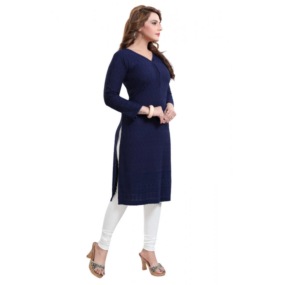 Rayon Embroidered Straight Kurti-Navy Blue