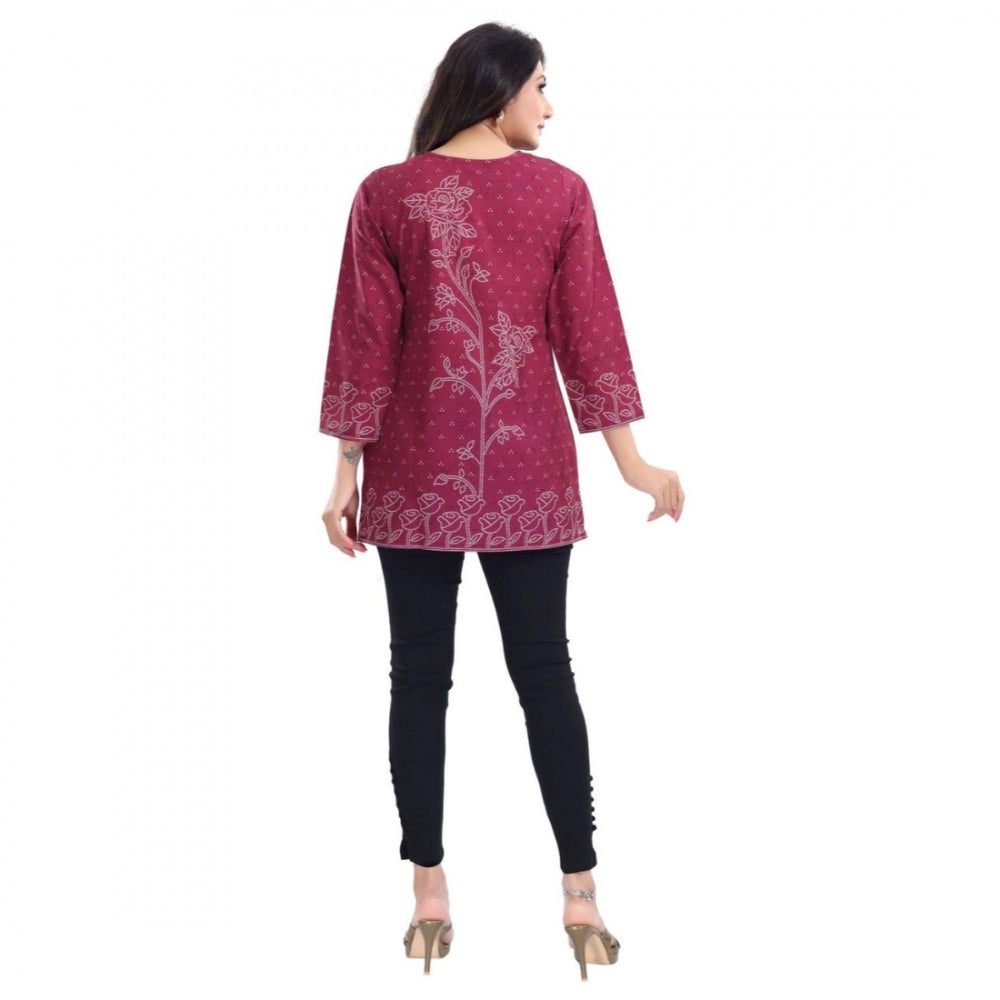 Quarter Sleeve Faux Crepe Printed Short Kurti Tunic Top