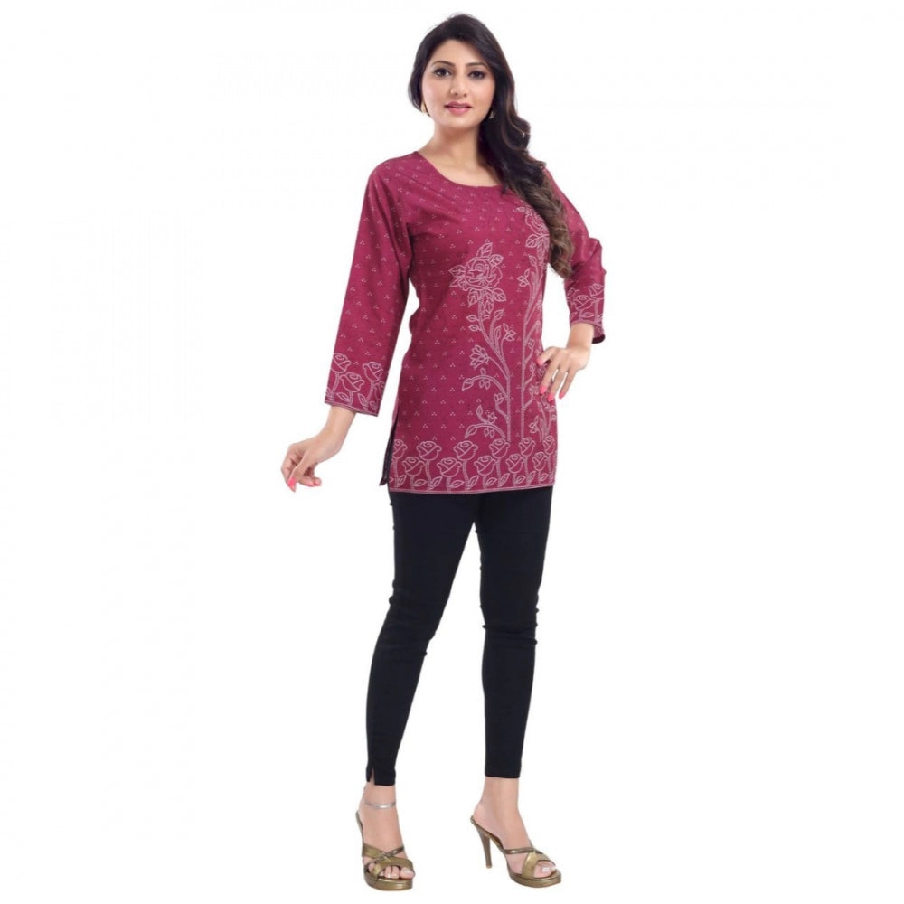 Quarter Sleeve Faux Crepe Printed Short Kurti Tunic Top