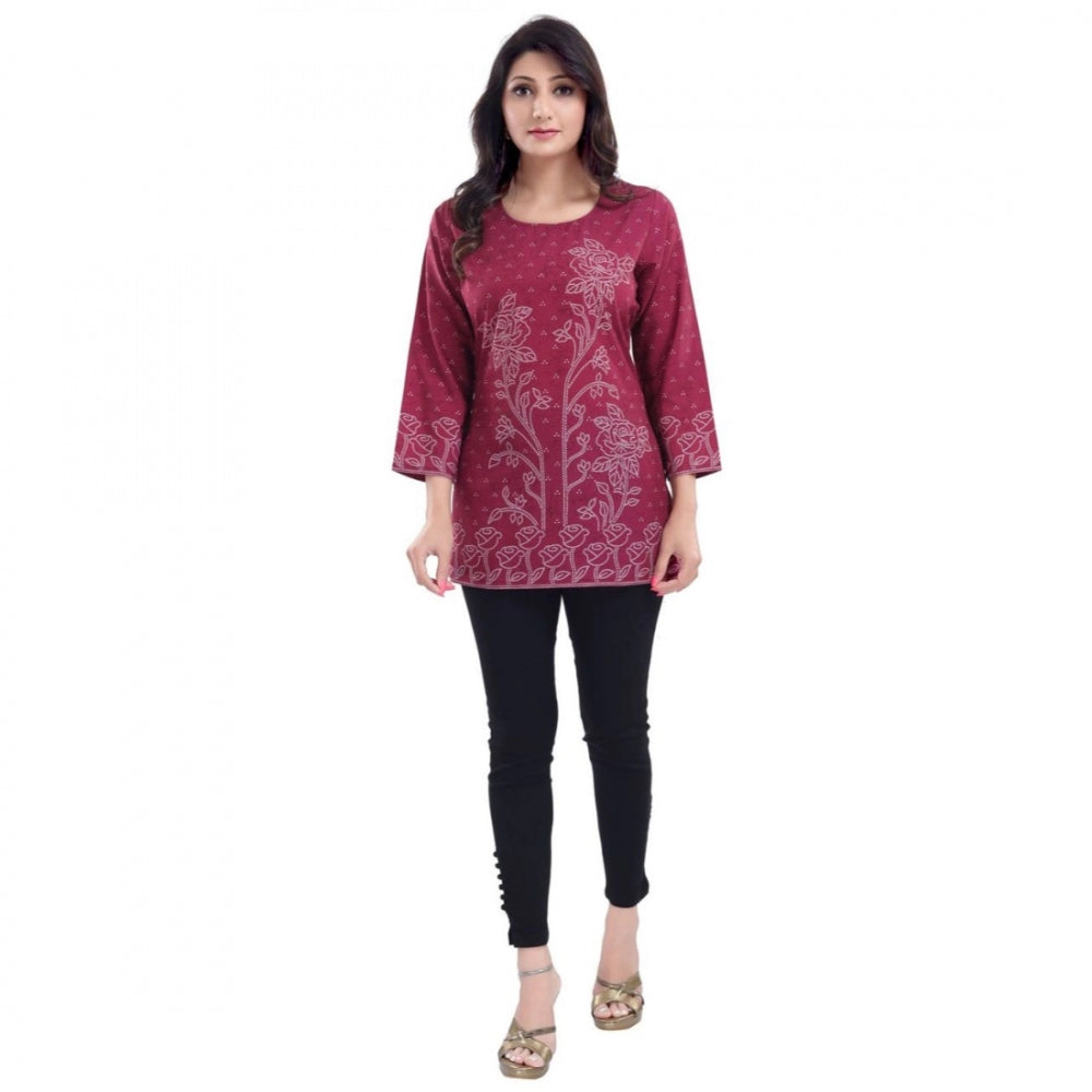 Quarter Sleeve Faux Crepe Printed Short Kurti Tunic Top