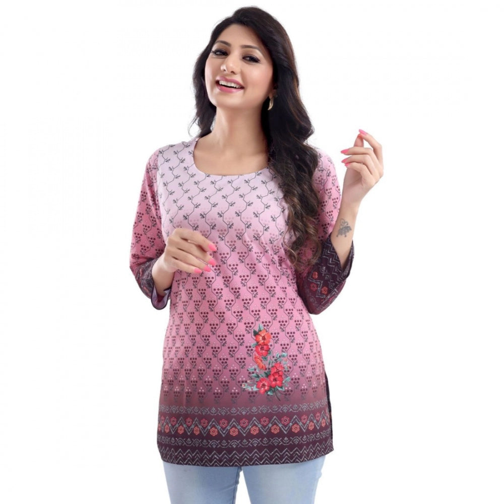 Quarter Sleeve Faux Crepe Printed Short Kurti Tunic Top