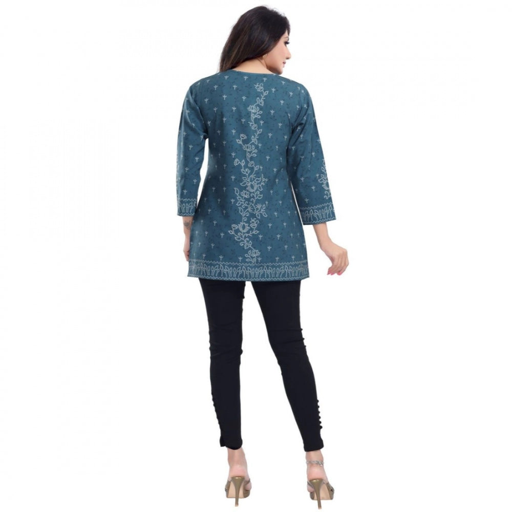 Quarter Sleeve Faux Crepe Printed Short Kurti Tunic Top