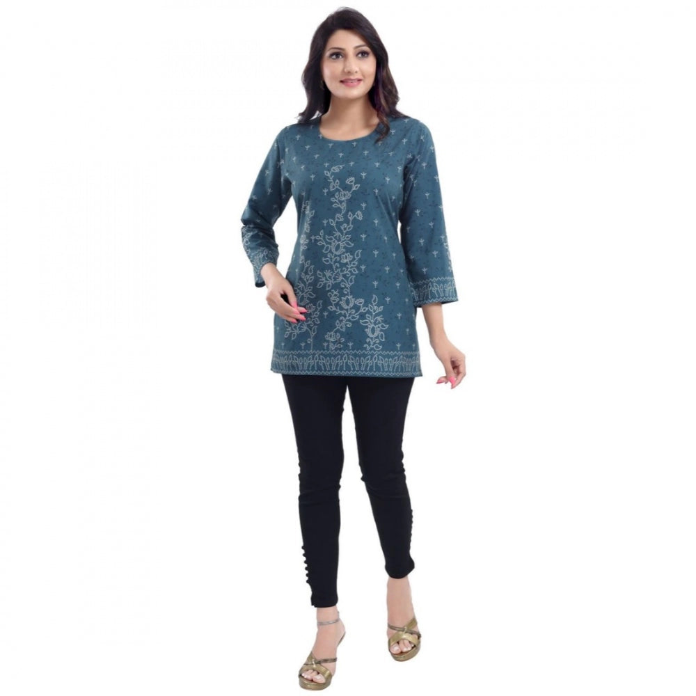 Quarter Sleeve Faux Crepe Printed Short Kurti Tunic Top