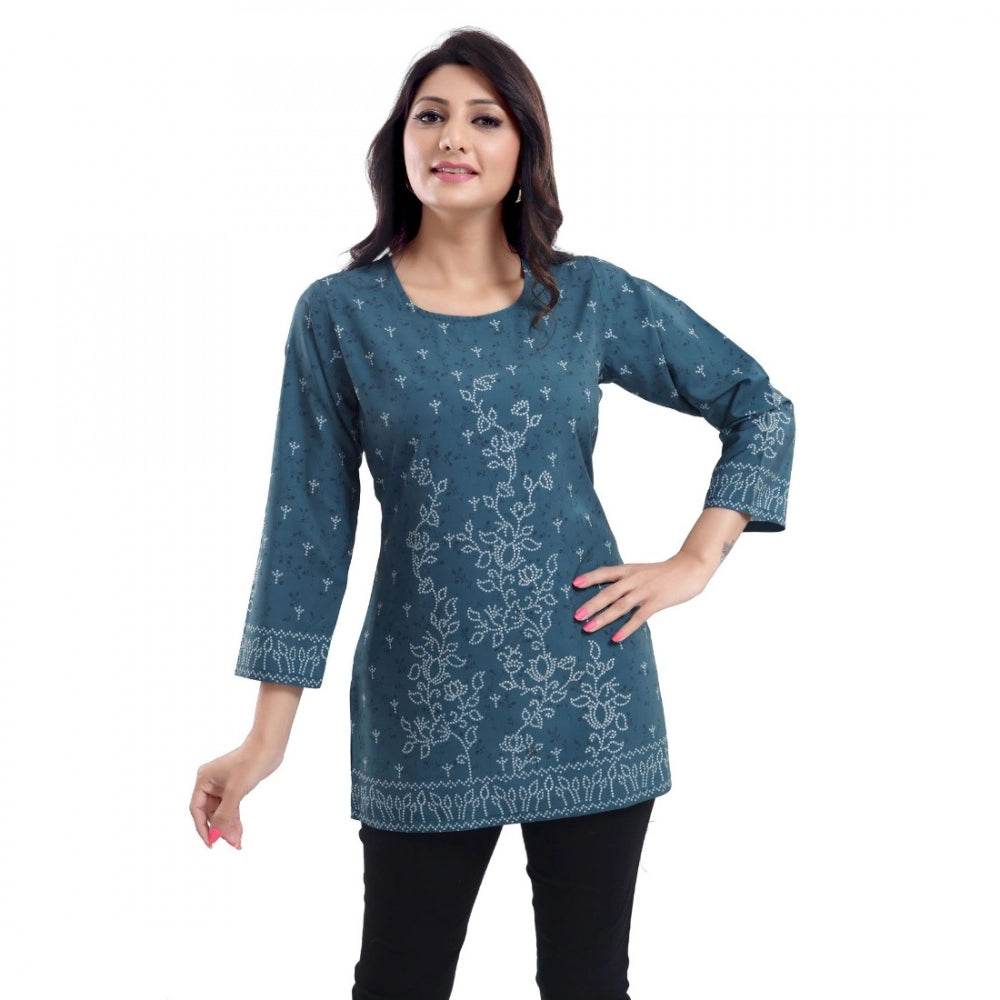 Quarter Sleeve Faux Crepe Printed Short Kurti Tunic Top