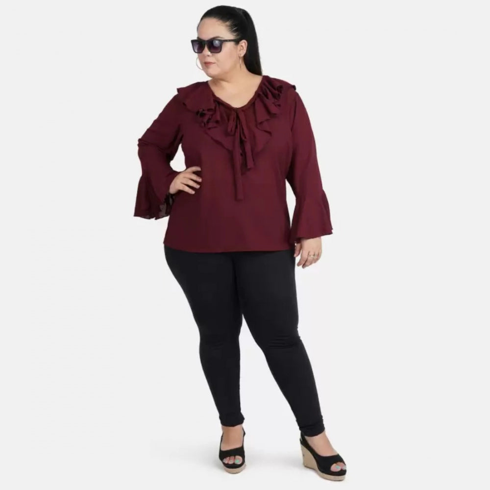 Casual Bell Sleeve Solid Maroon Top