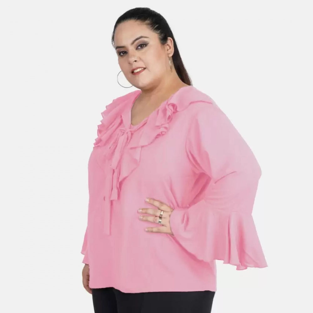 Casual Bell Sleeve Solid Pink Top