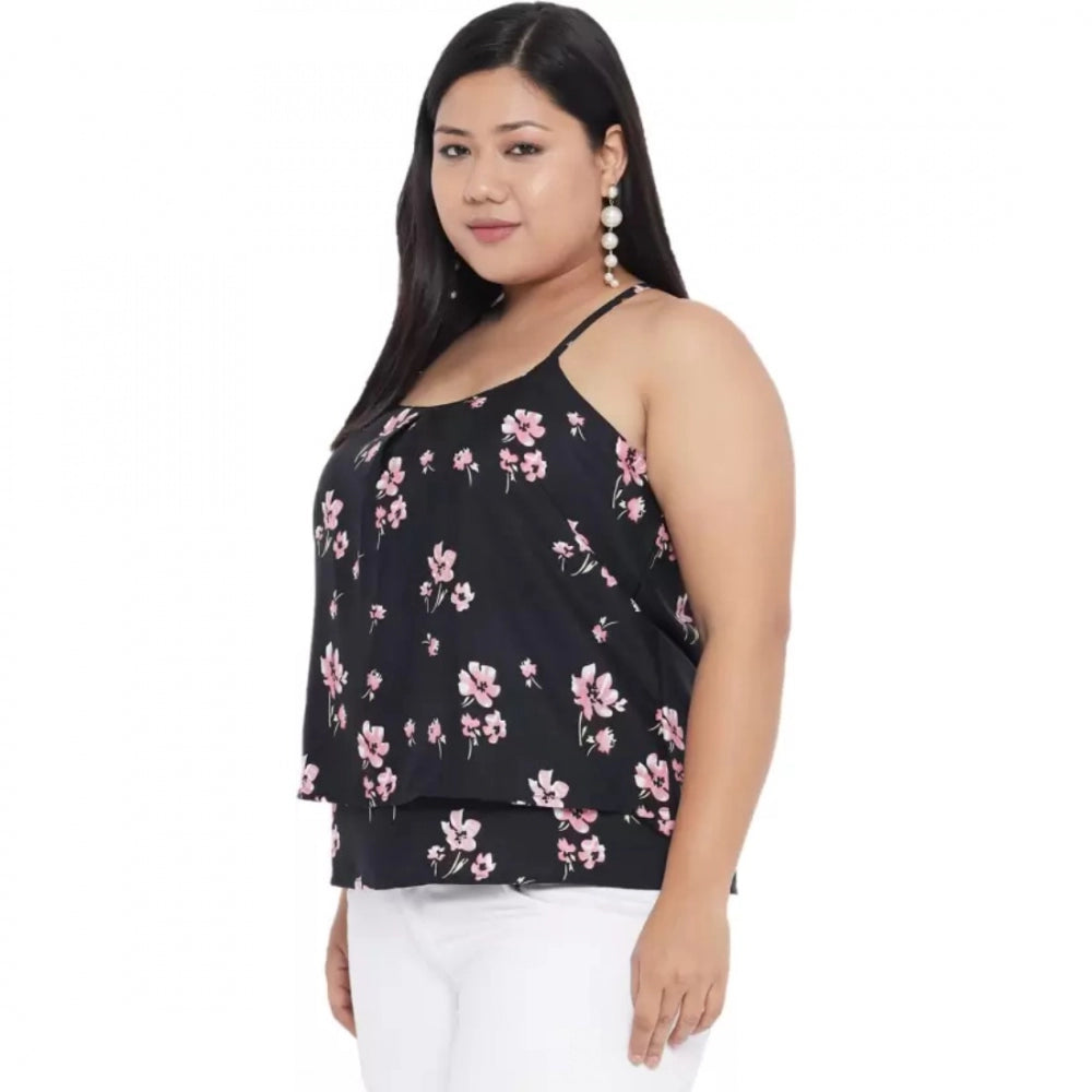 Casual Floral Print Black Top