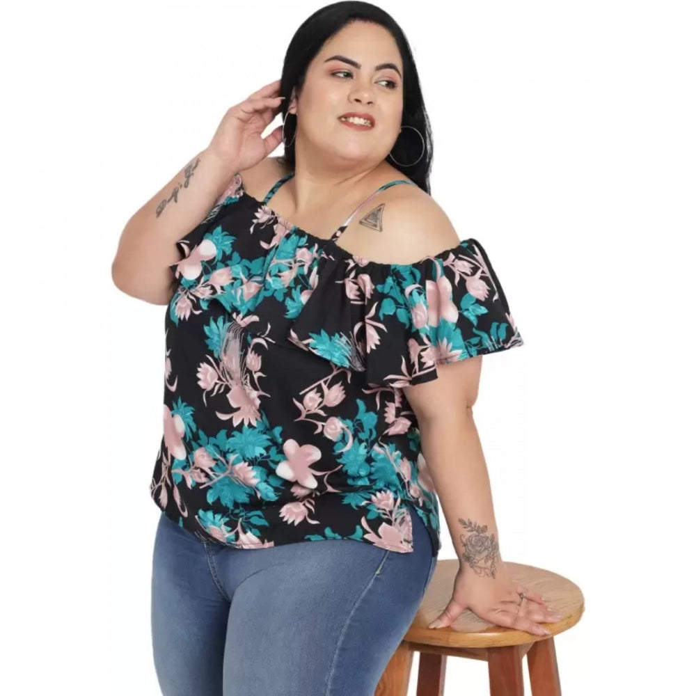 Casual Floral Print Black Top