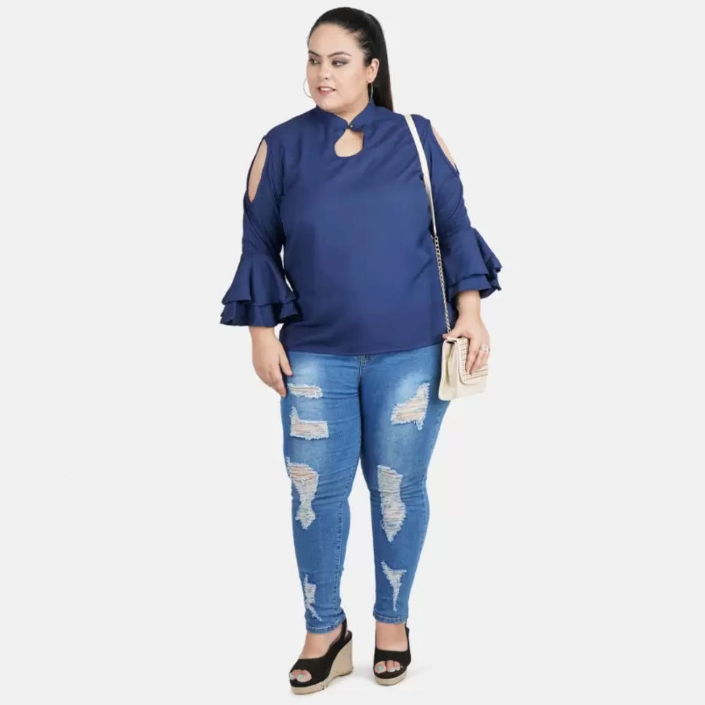 Casual Bell Sleeve Solid Blue Top