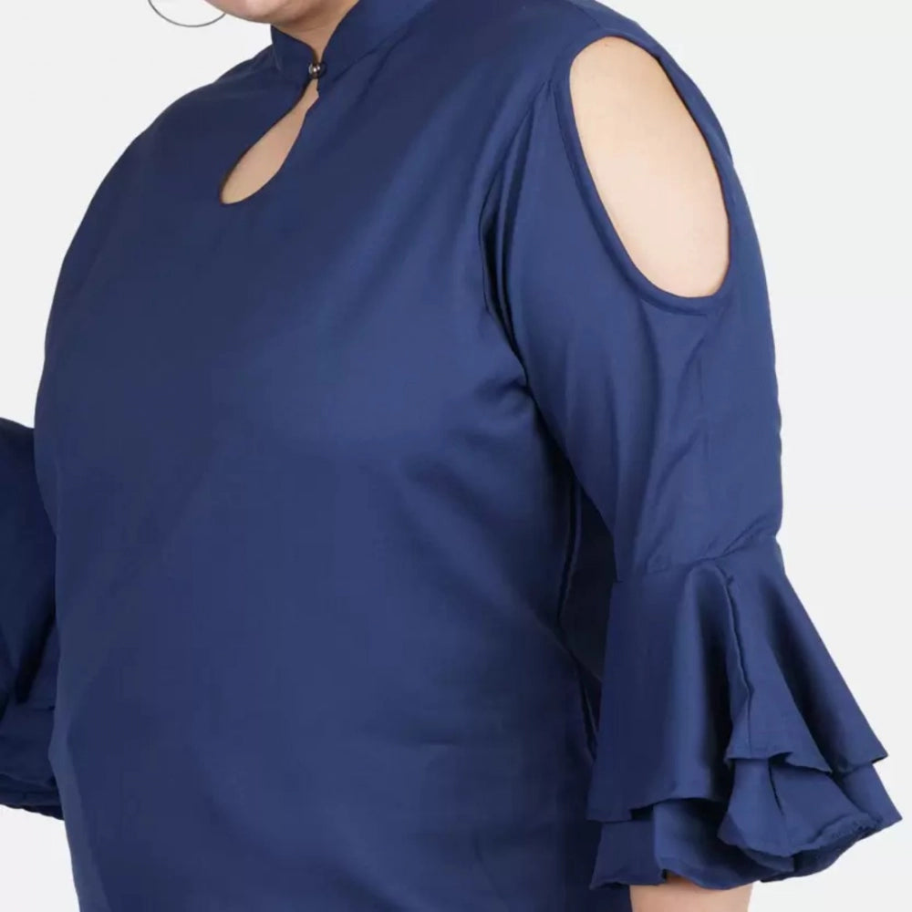 Casual Bell Sleeve Solid Blue Top