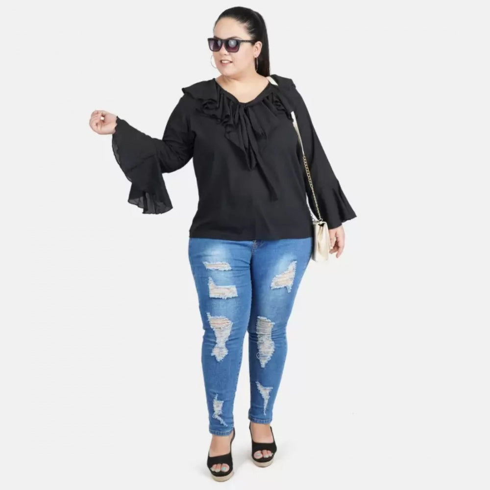 Casual Bell Sleeve Solid Black Top