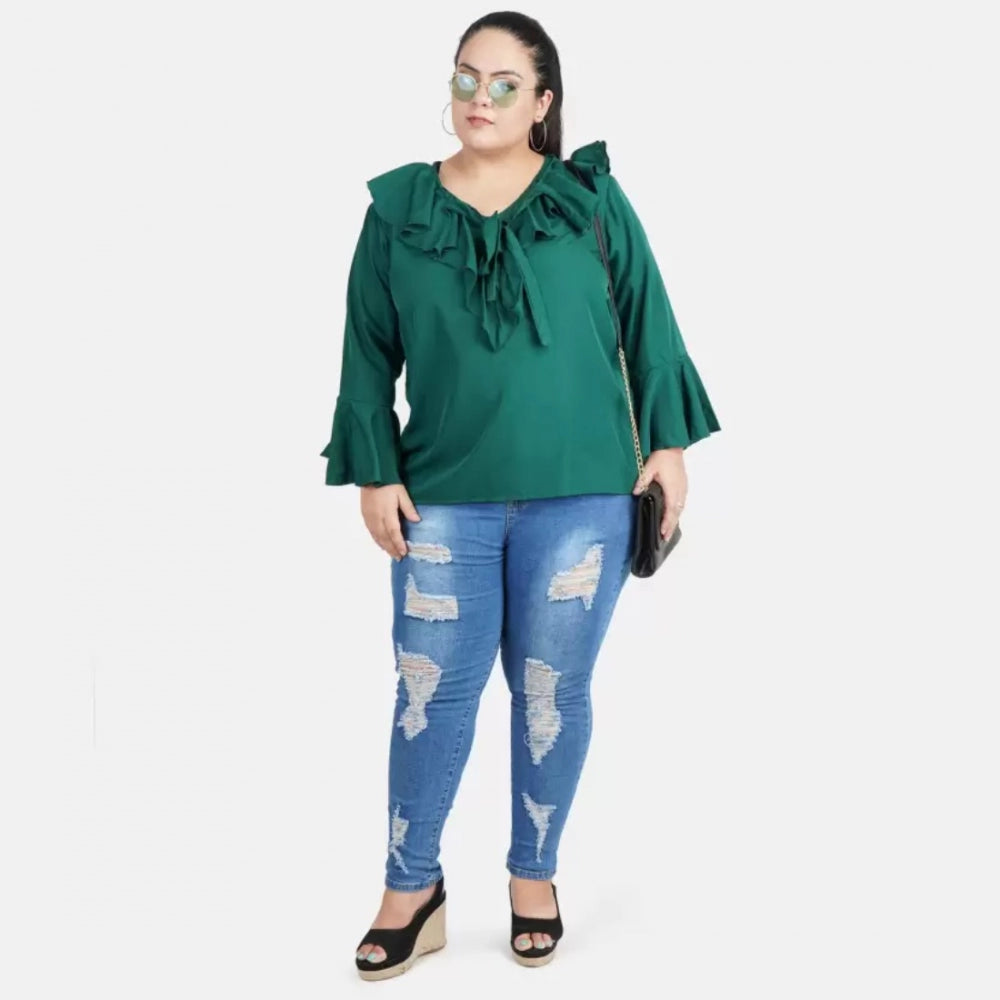 Casual Bell Sleeve Solid Green Top