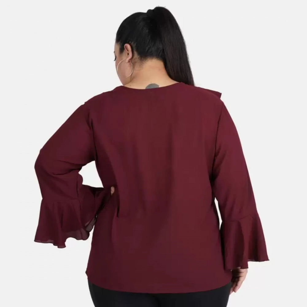 Casual Bell Sleeve Solid Maroon Top