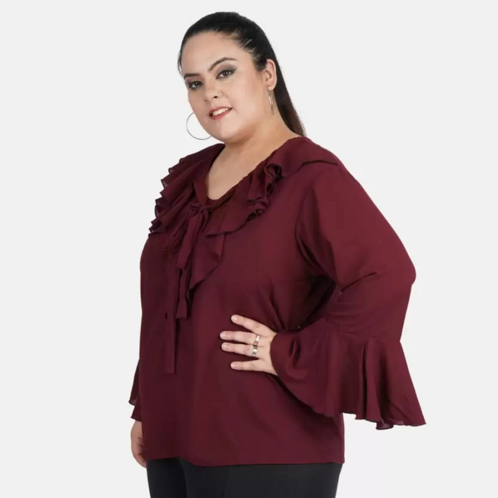 Casual Bell Sleeve Solid Maroon Top