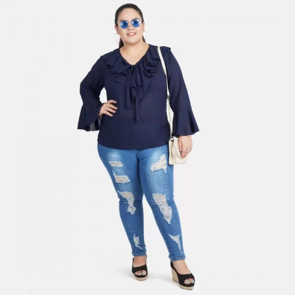 Casual Bell Sleeve Solid Blue Top