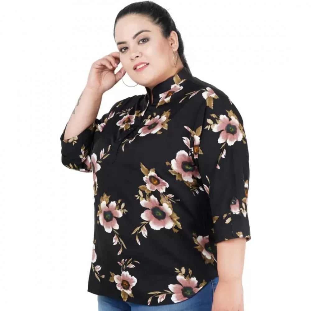 Casual Three Fourth Sleeve Printed Black Top