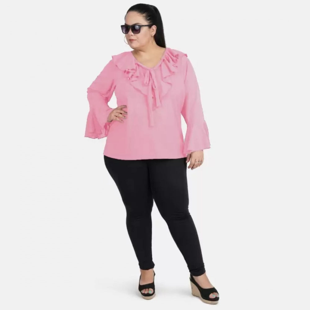 Casual Bell Sleeve Solid Pink Top