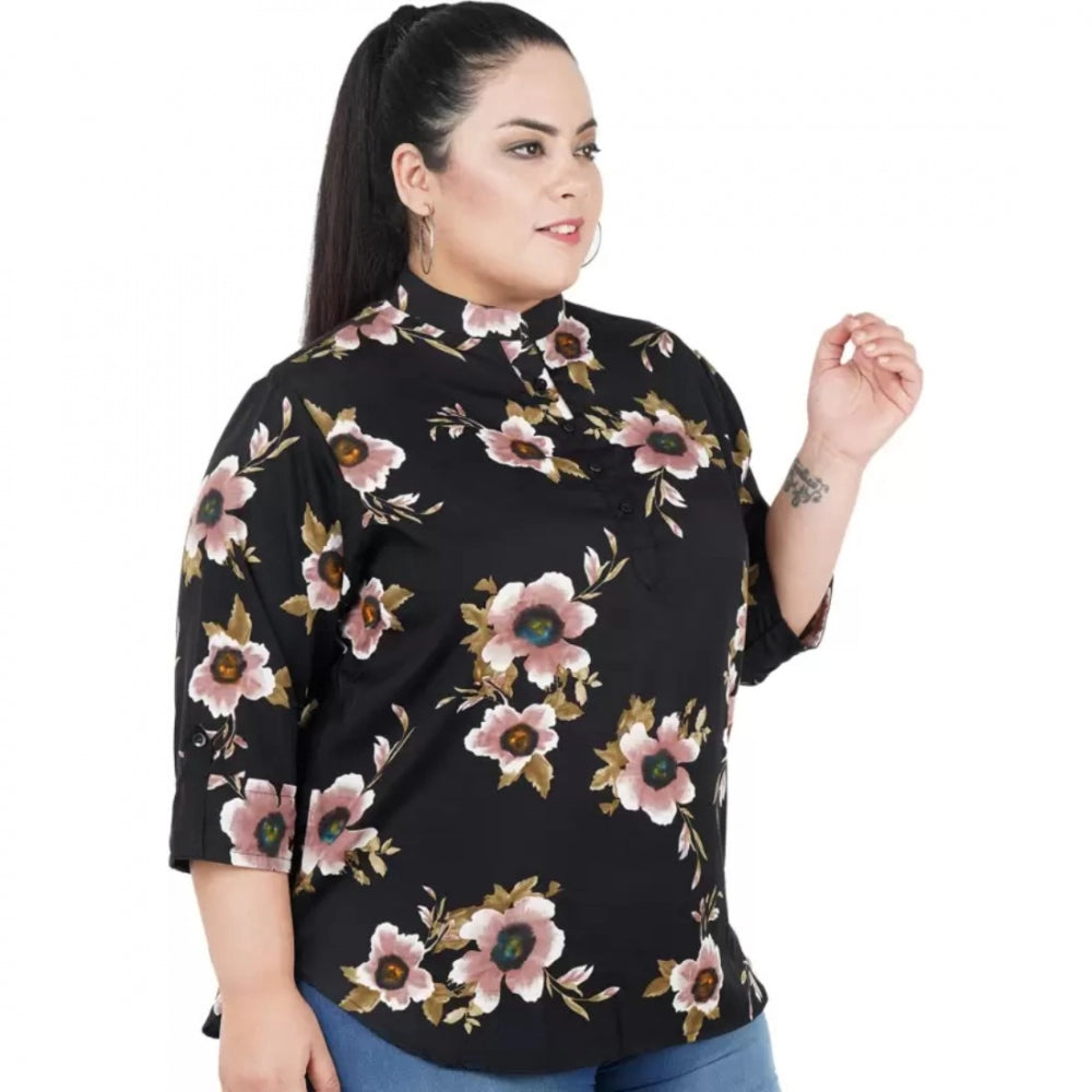 Casual Three Fourth Sleeve Printed Black Top