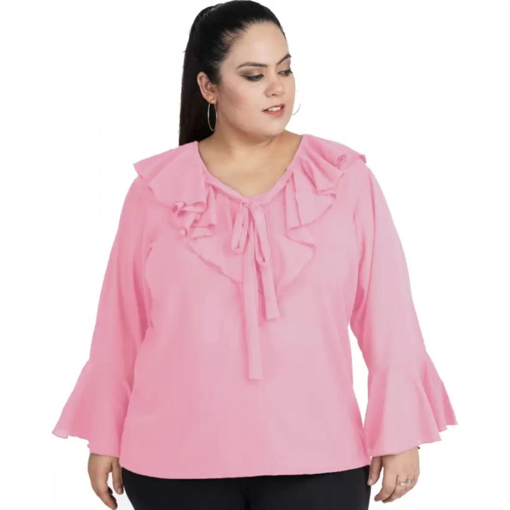 Casual Bell Sleeve Solid Pink Top