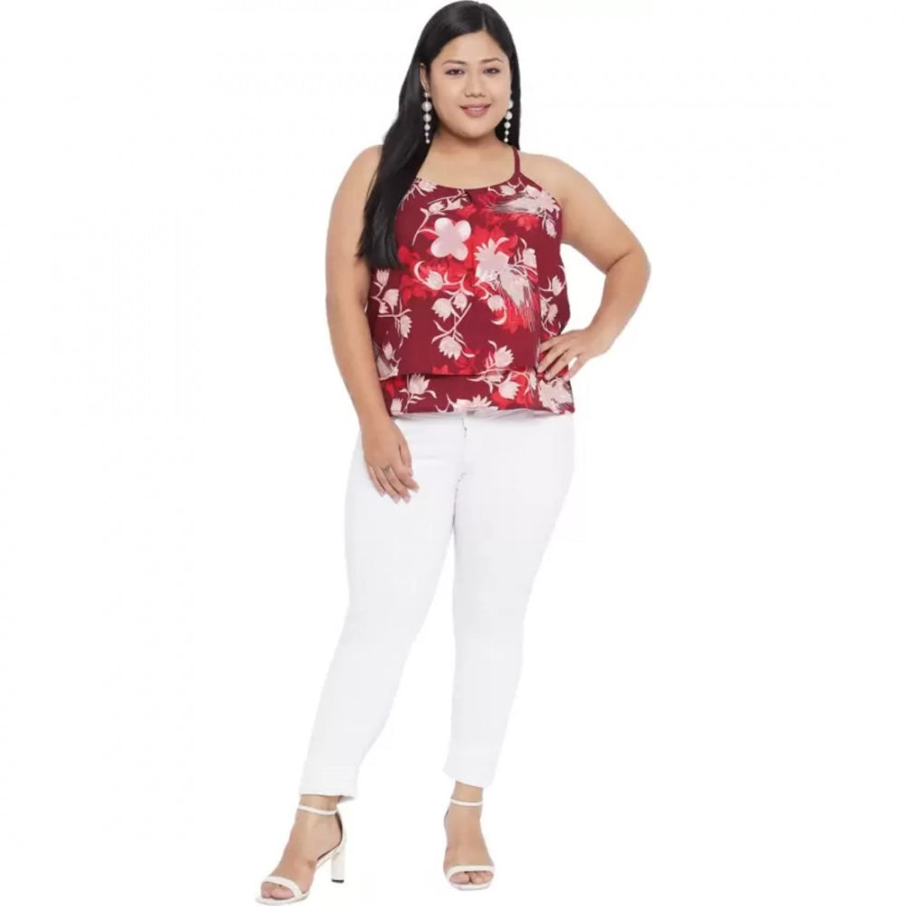 Casual Floral Print Red Top