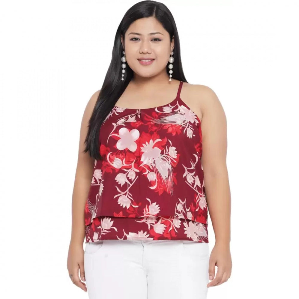 Casual Floral Print Red Top