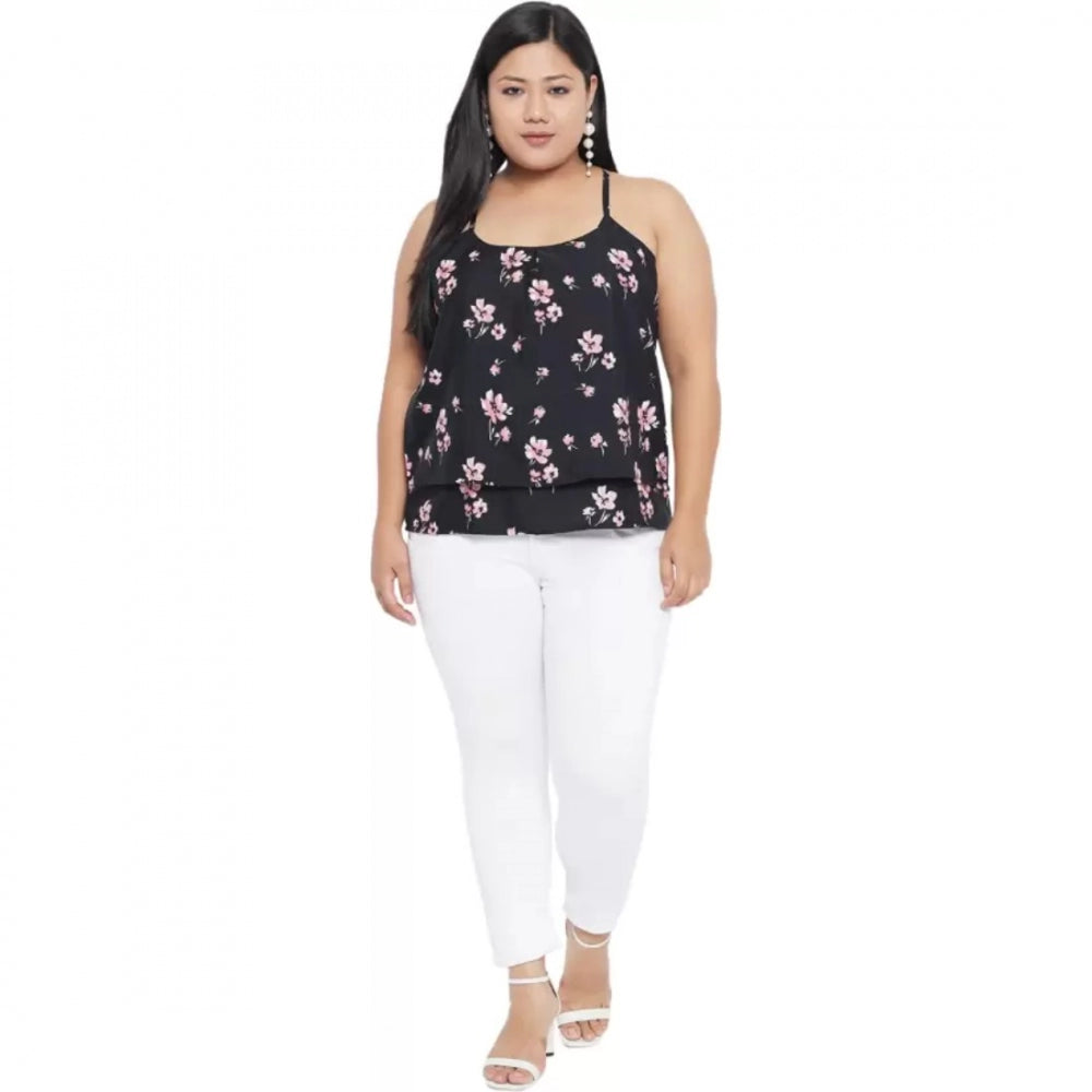 Casual Floral Print Black Top