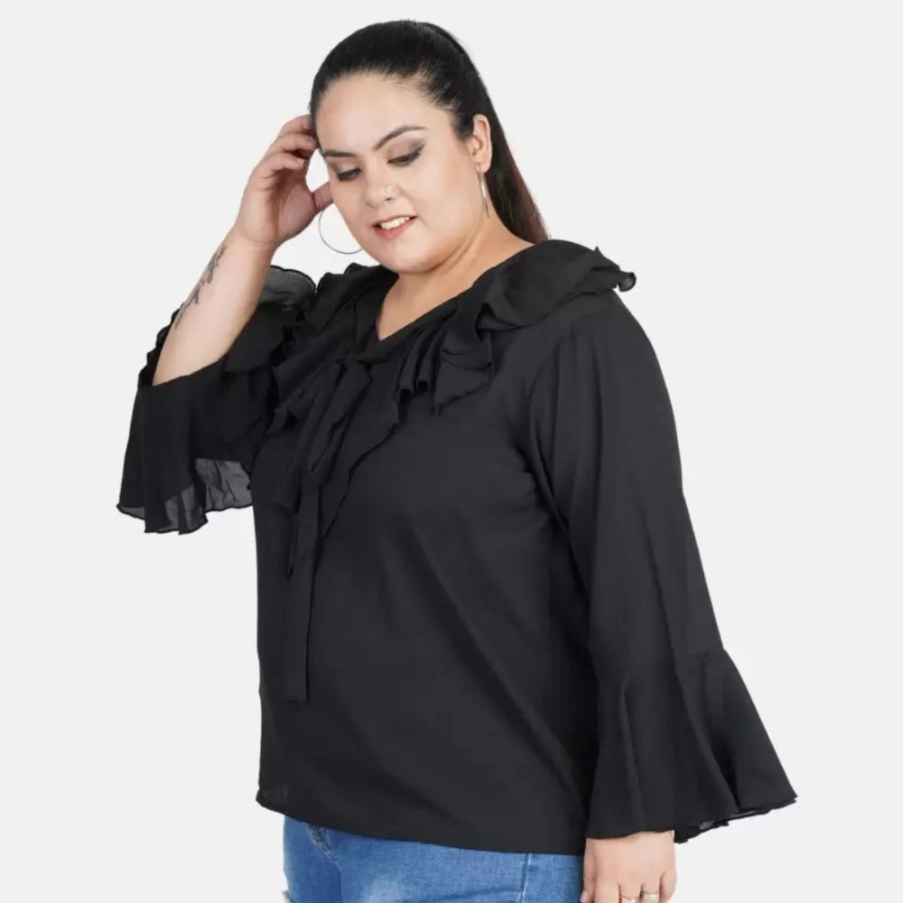 Casual Bell Sleeve Solid Black Top