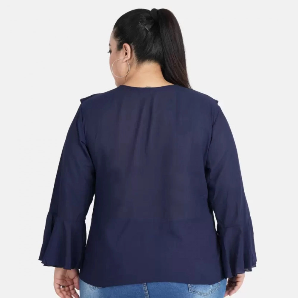 Casual Bell Sleeve Solid Blue Top