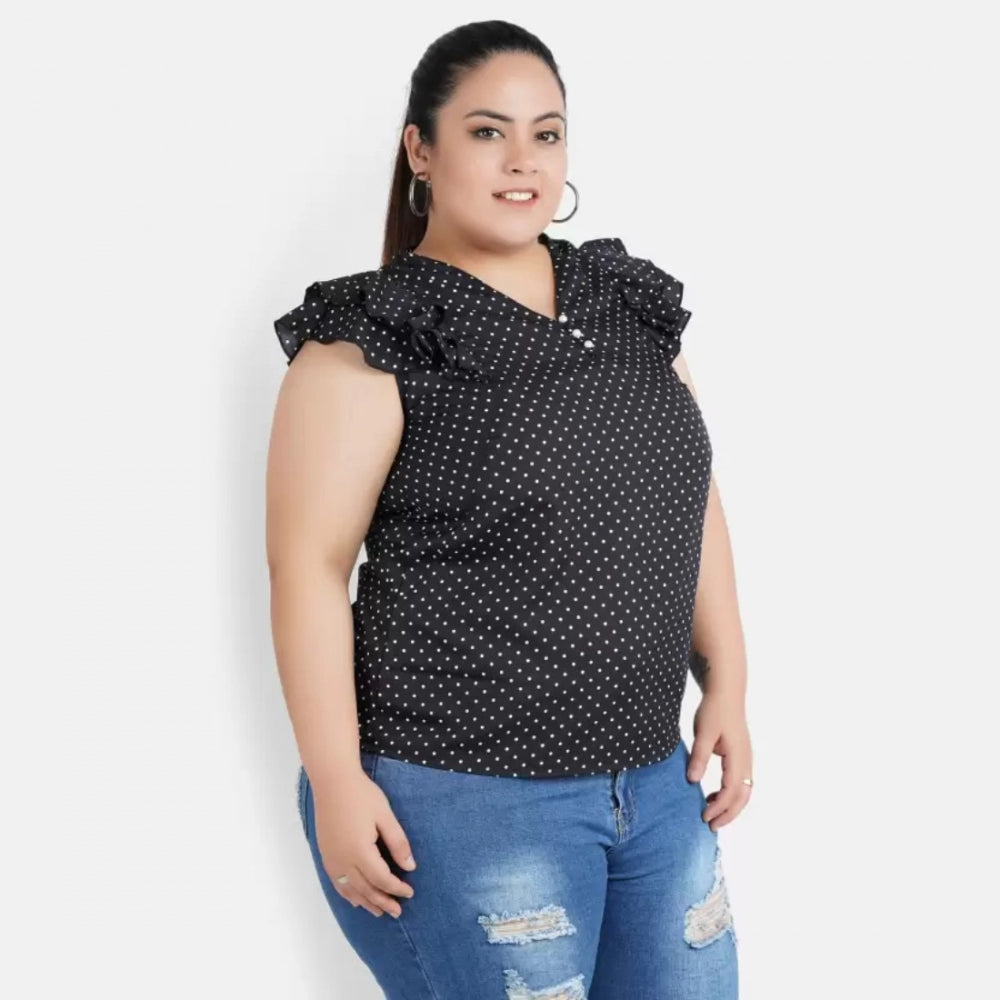 Casual Flutter Sleeve Polka Print Black Top