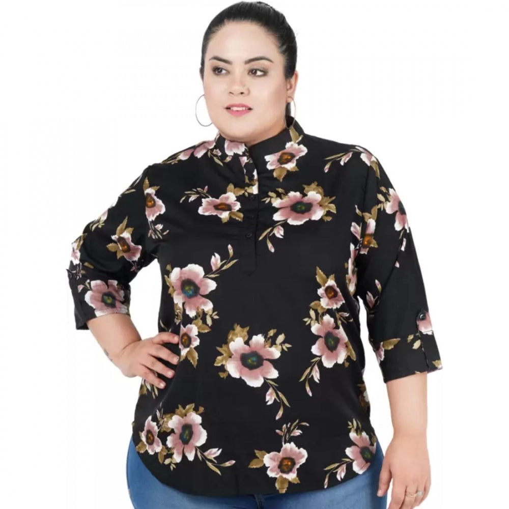 Casual Three Fourth Sleeve Printed Black Top