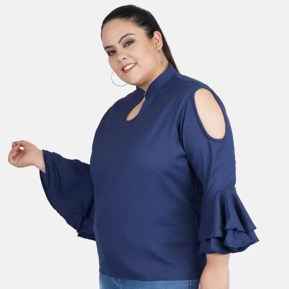 Casual Bell Sleeve Solid Blue Top