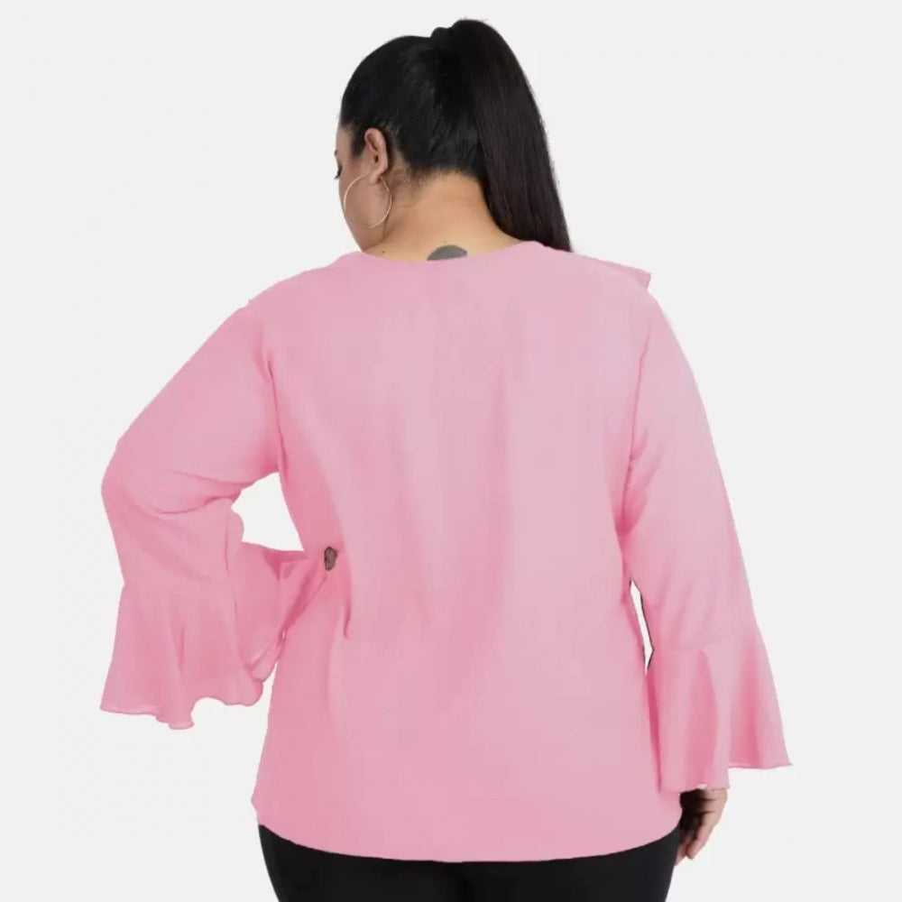 Casual Bell Sleeve Solid Pink Top