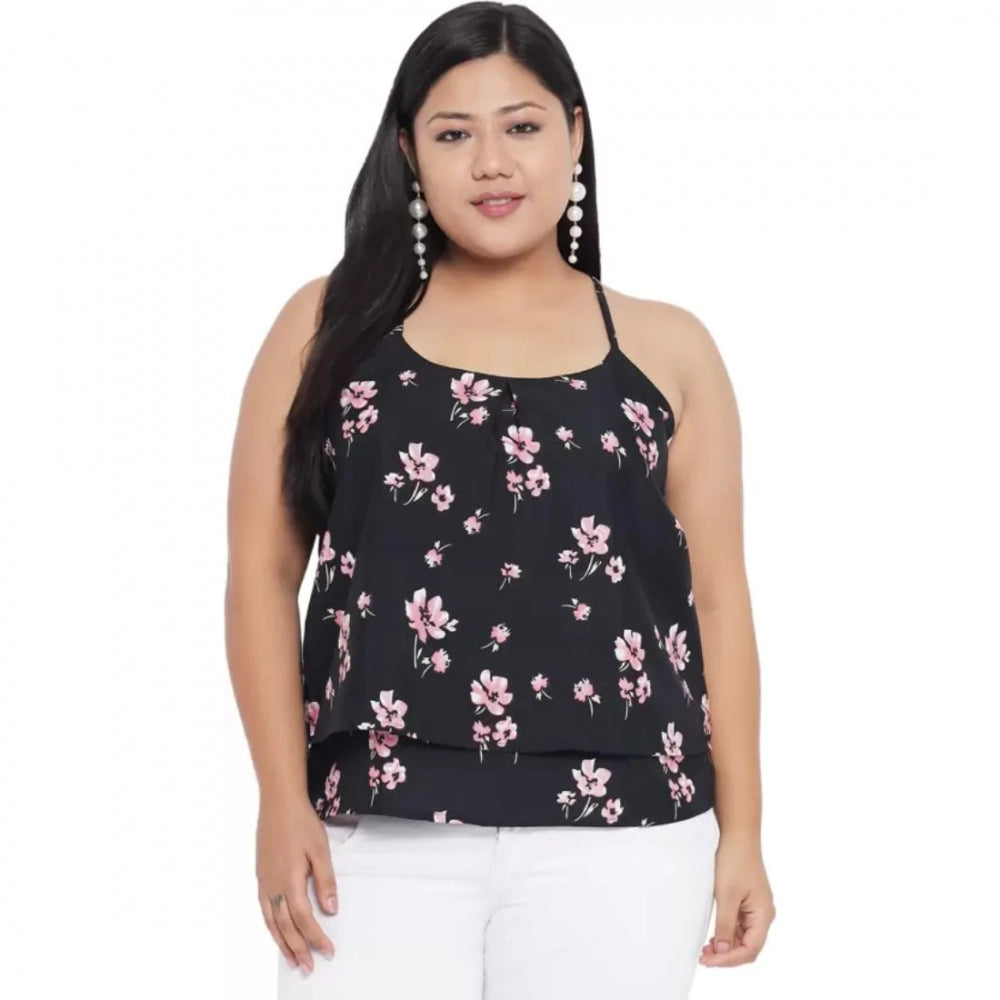 Casual Floral Print Black Top