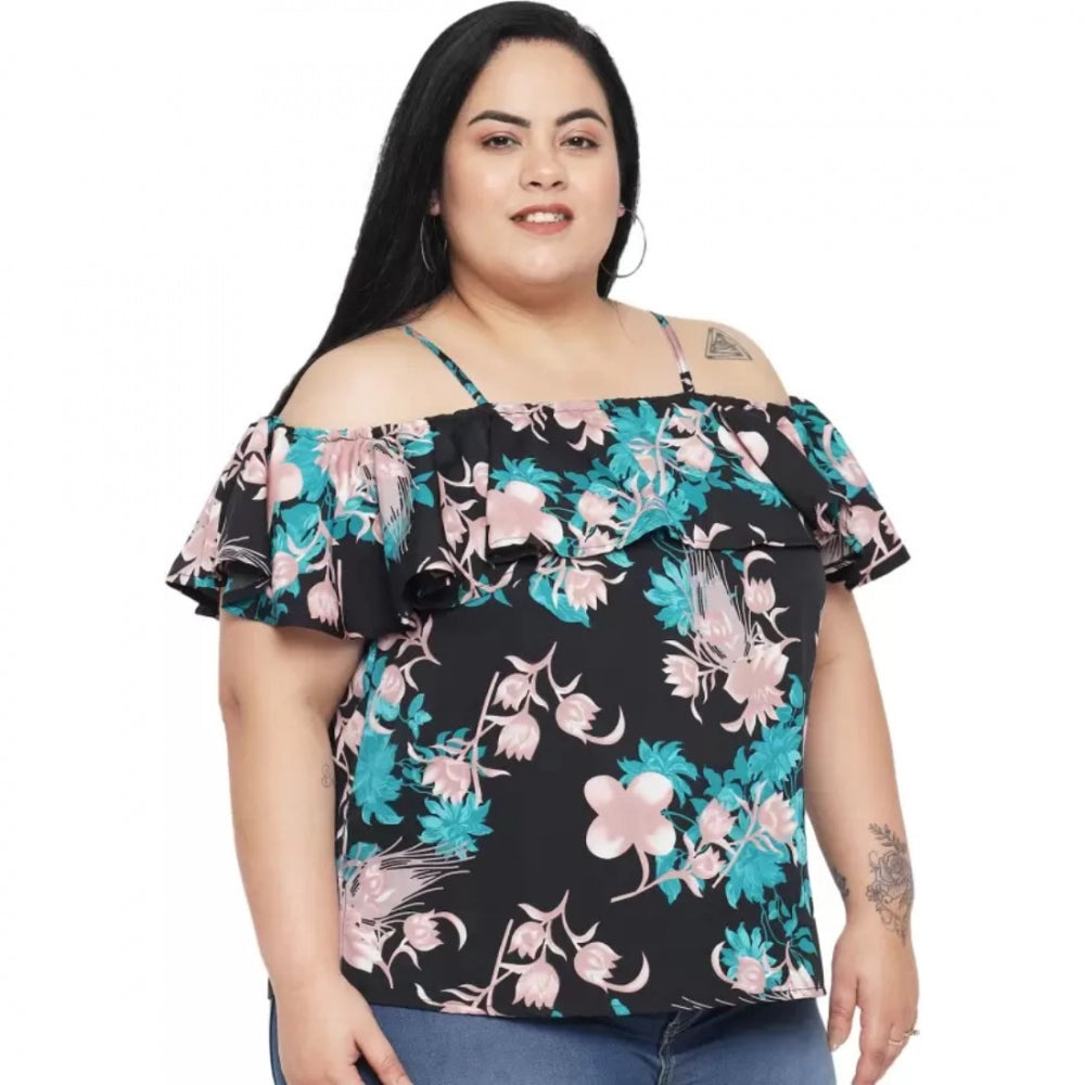 Casual Floral Print Black Top