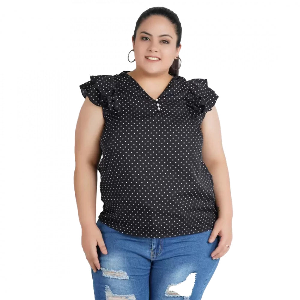 Casual Flutter Sleeve Polka Print Black Top