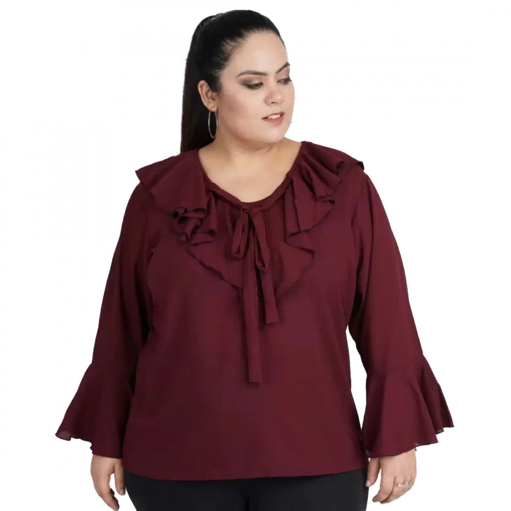 Casual Bell Sleeve Solid Maroon Top