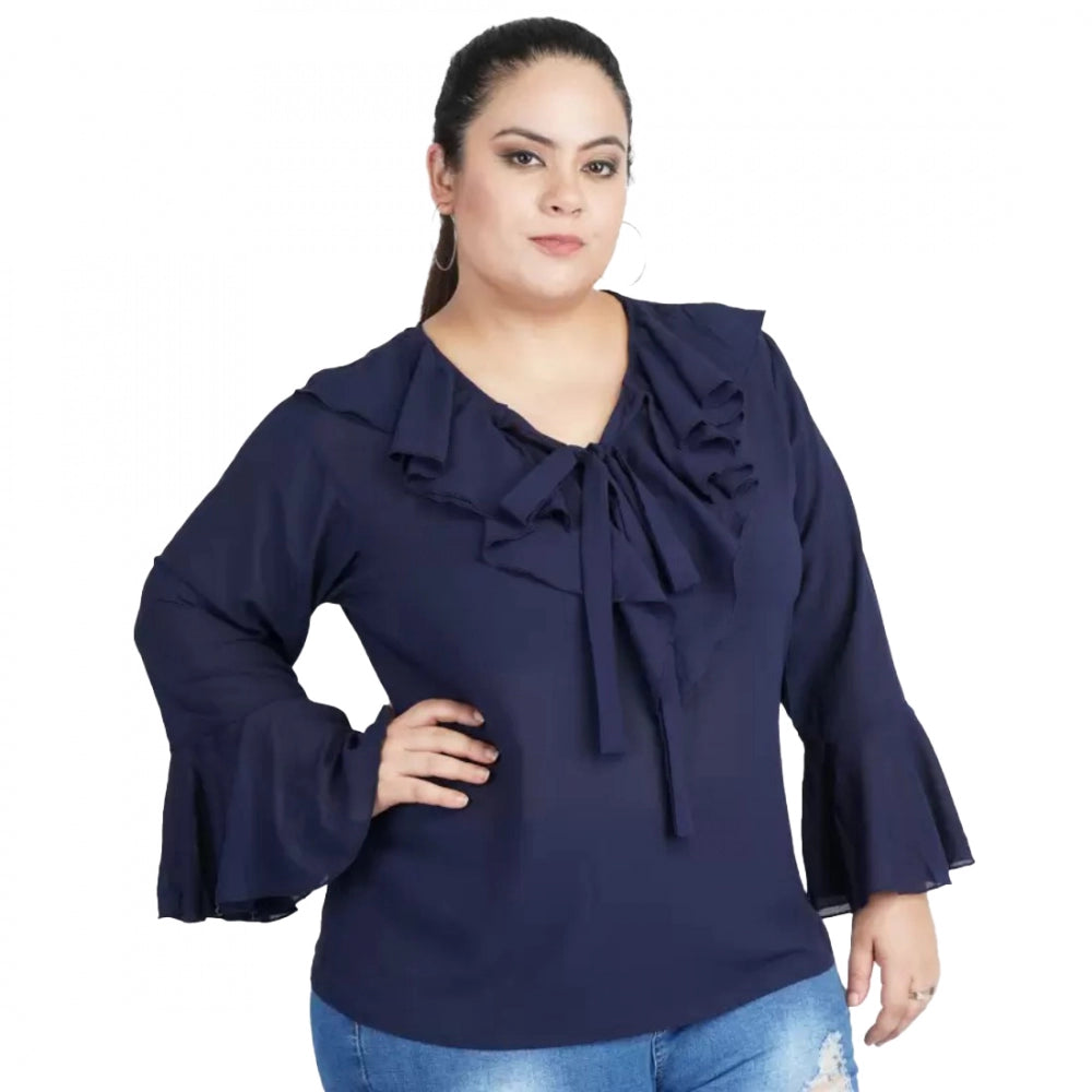 Casual Bell Sleeve Solid Blue Top