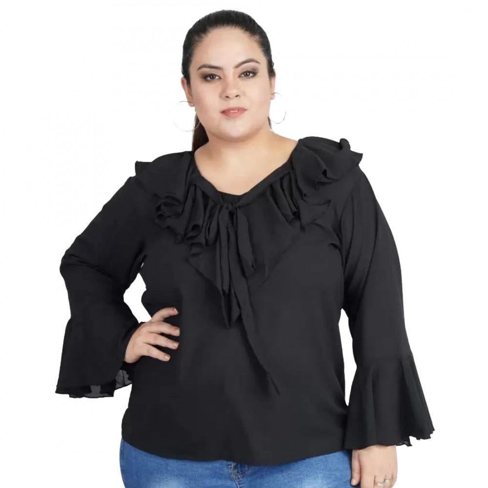 Casual Bell Sleeve Solid Black Top